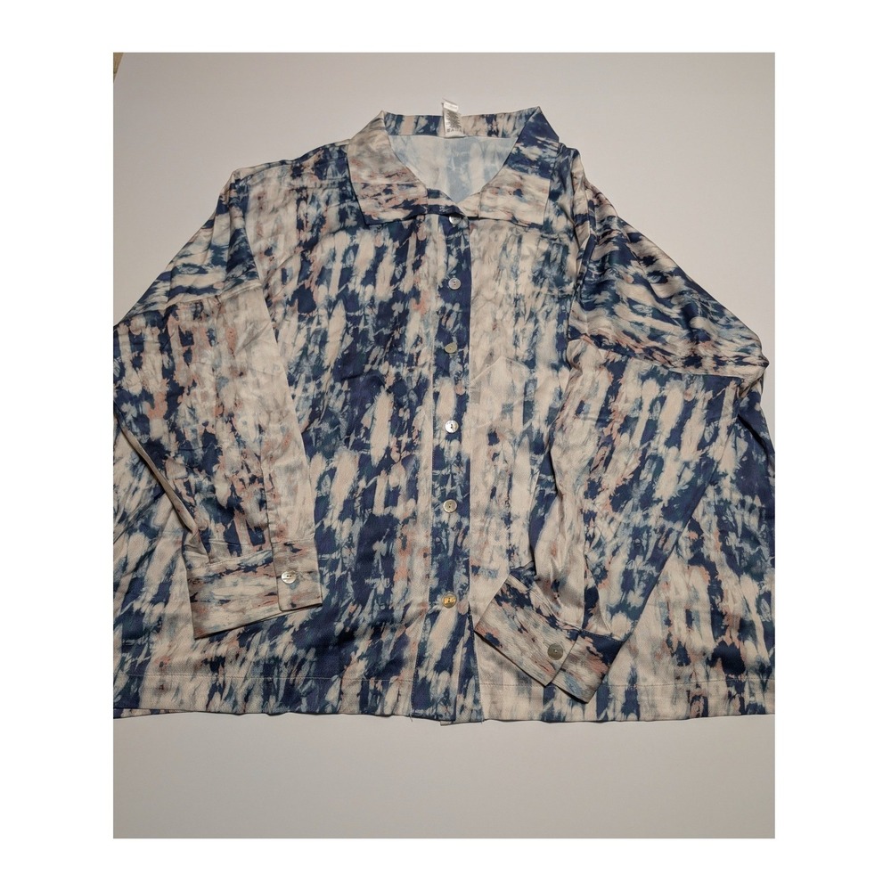 Wynne Layers Blue Abstract Tie Dye Button Down Shirt Womens 1X Long Sleeve Crepe